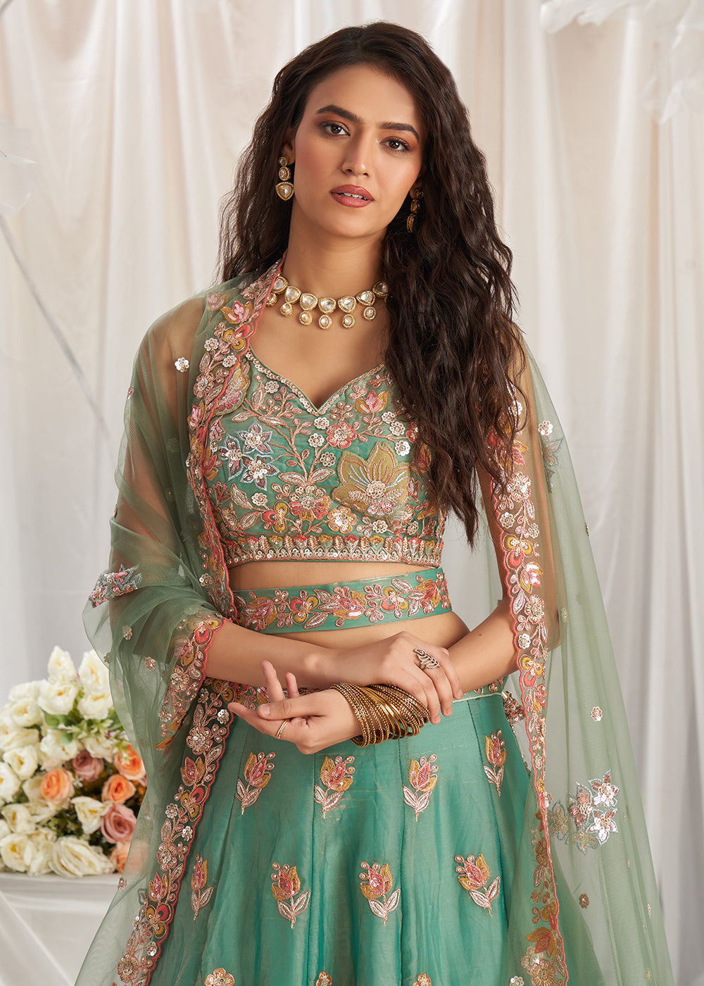 Buy Now Green Organza Multi Sequinned Wedding Lehenga Choli Online in USA, UK, Canada, UAE, France, Germany & Worldwide at Empress Clothing.