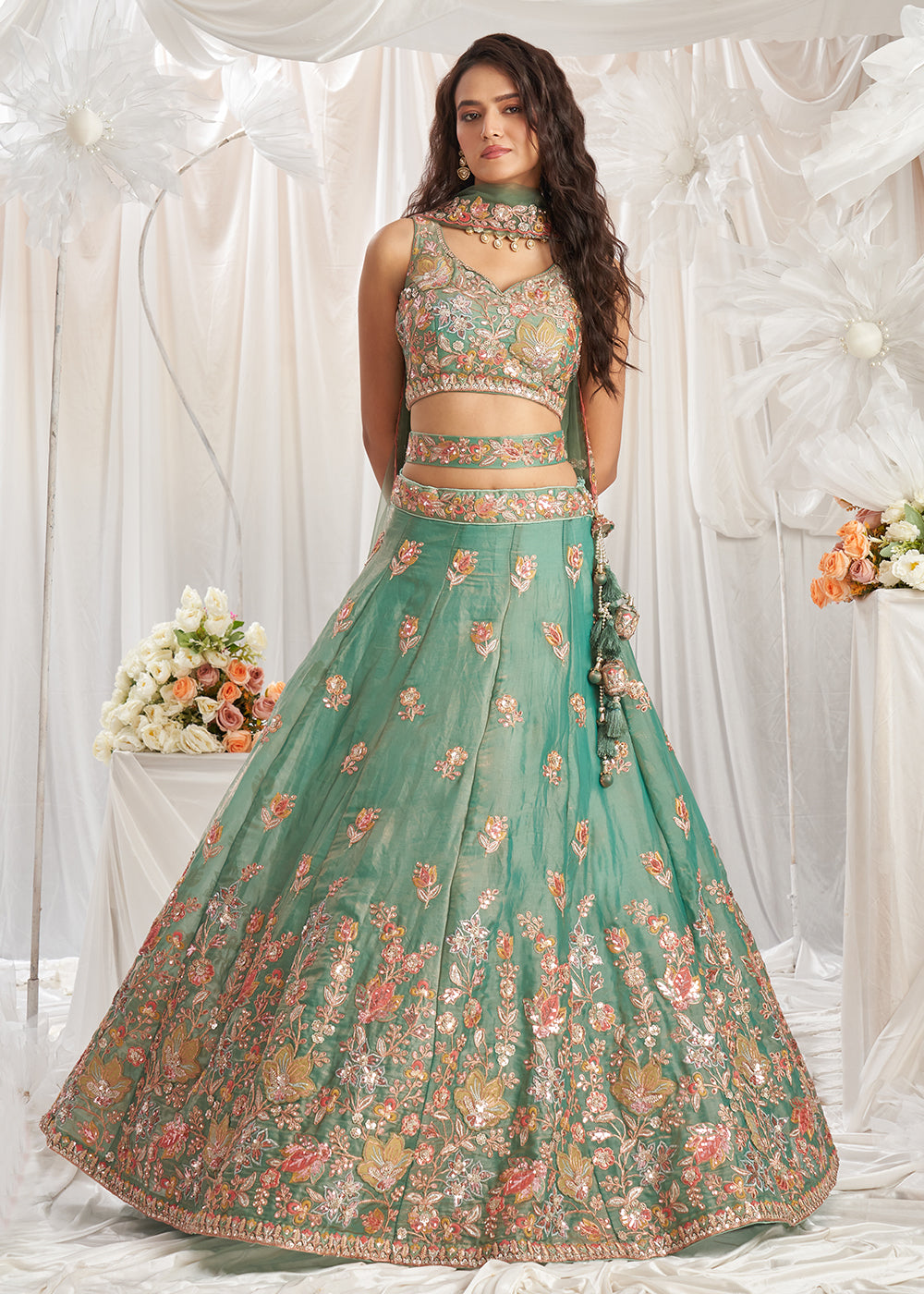 Buy Now Green Organza Multi Sequinned Wedding Lehenga Choli Online in USA, UK, Canada, UAE, France, Germany & Worldwide at Empress Clothing.