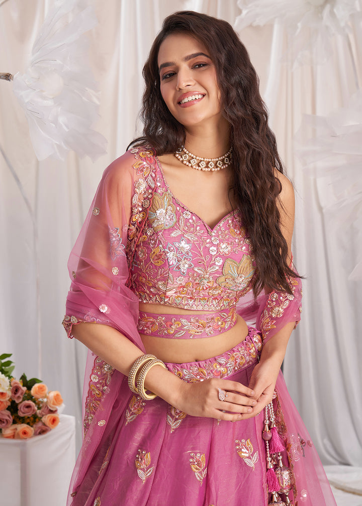 Buy Now Pink Organza Multi Sequinned Wedding Lehenga Choli Online in USA, UK, Canada, UAE, France, Germany & Worldwide at Empress Clothing. 