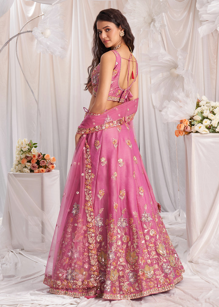 Buy Now Pink Organza Multi Sequinned Wedding Lehenga Choli Online in USA, UK, Canada, UAE, France, Germany & Worldwide at Empress Clothing. 