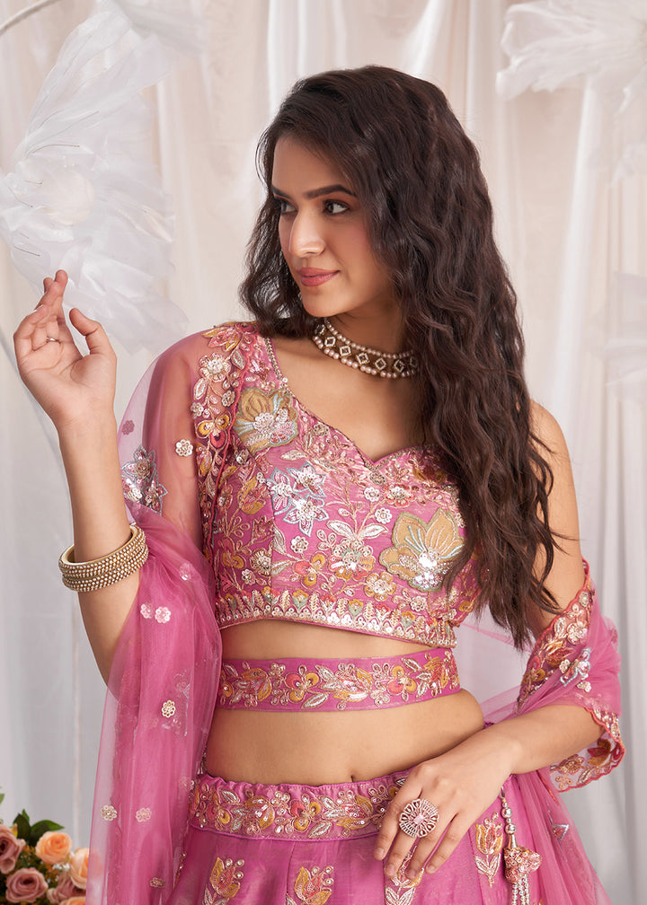 Buy Now Pink Organza Multi Sequinned Wedding Lehenga Choli Online in USA, UK, Canada, UAE, France, Germany & Worldwide at Empress Clothing. 