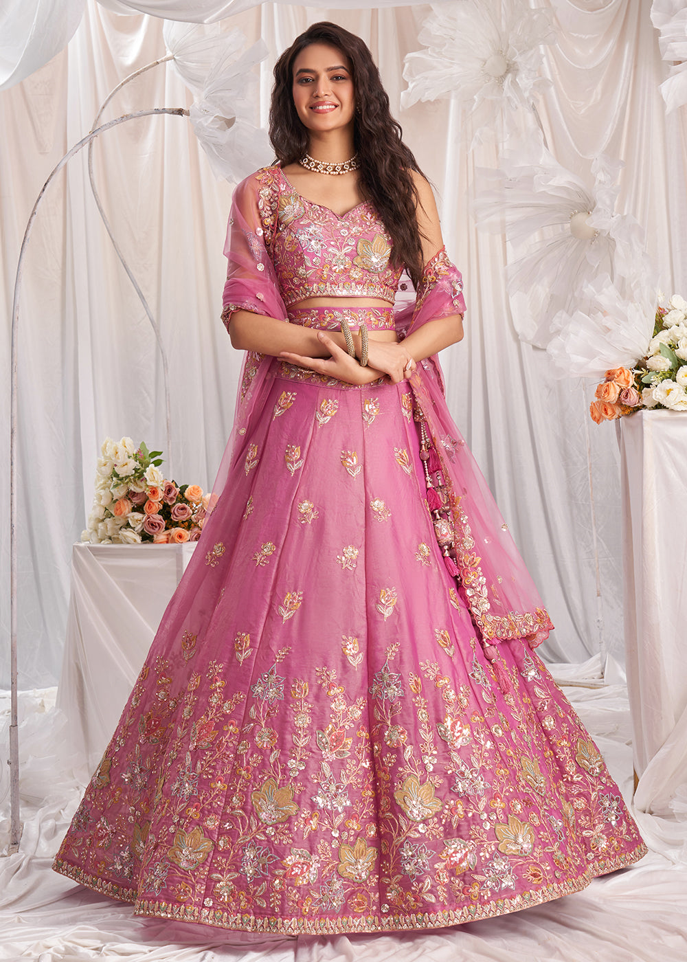 Buy Now Pink Organza Multi Sequinned Wedding Lehenga Choli Online in USA, UK, Canada, UAE, France, Germany & Worldwide at Empress Clothing. 