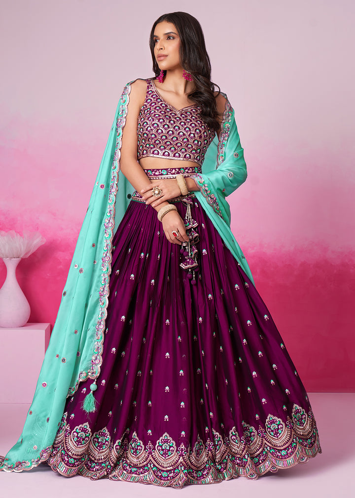 Buy Now Burgundy Pure Georgette Embroidered Bridesmaids Lehenga Choli Online in USA, UK, Canada & Worldwide at Empress Clothing.