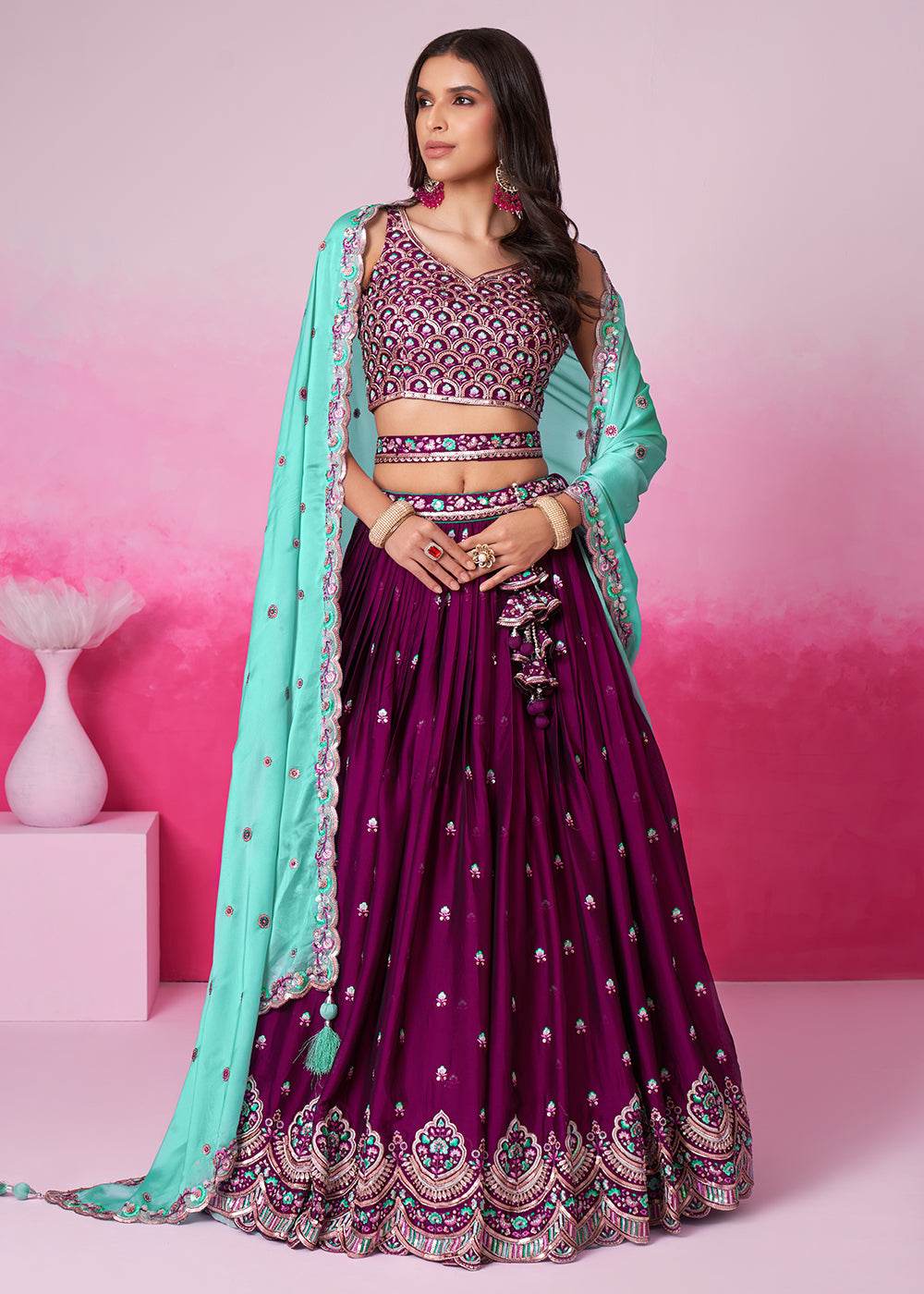 Buy Now Burgundy Pure Georgette Embroidered Bridesmaids Lehenga Choli Online in USA, UK, Canada & Worldwide at Empress Clothing.