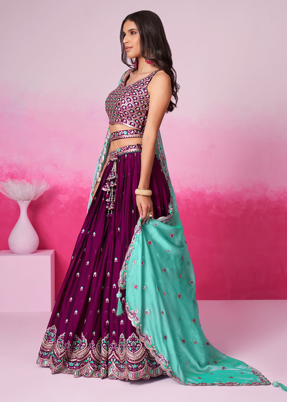 Buy Now Burgundy Pure Georgette Embroidered Bridesmaids Lehenga Choli Online in USA, UK, Canada & Worldwide at Empress Clothing.