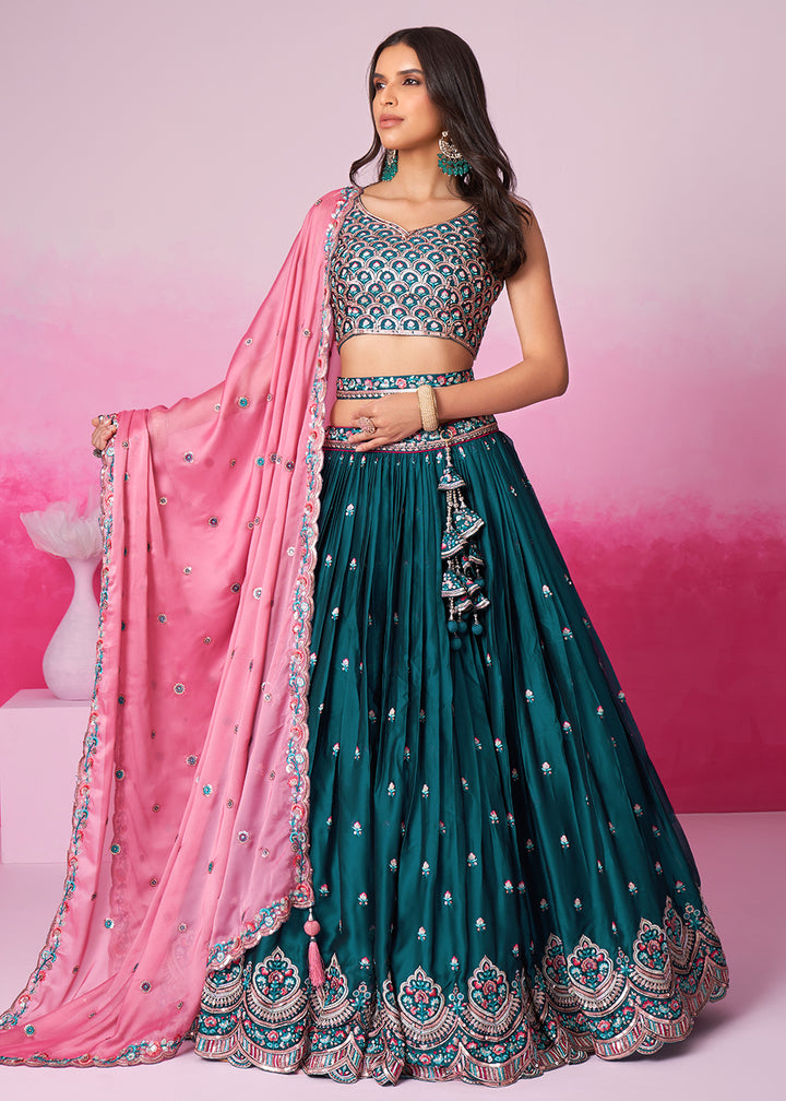 Buy Now Teal Pure Georgette Embroidered Bridesmaids Lehenga Choli Online in USA, UK, Canada & Worldwide at Empress Clothing. 