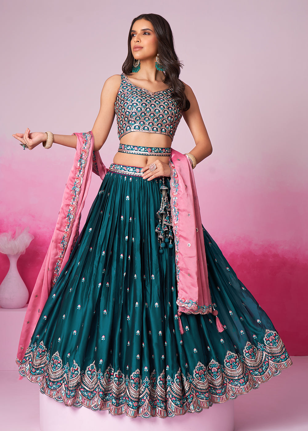 Buy Now Teal Pure Georgette Embroidered Bridesmaids Lehenga Choli Online in USA, UK, Canada & Worldwide at Empress Clothing. 