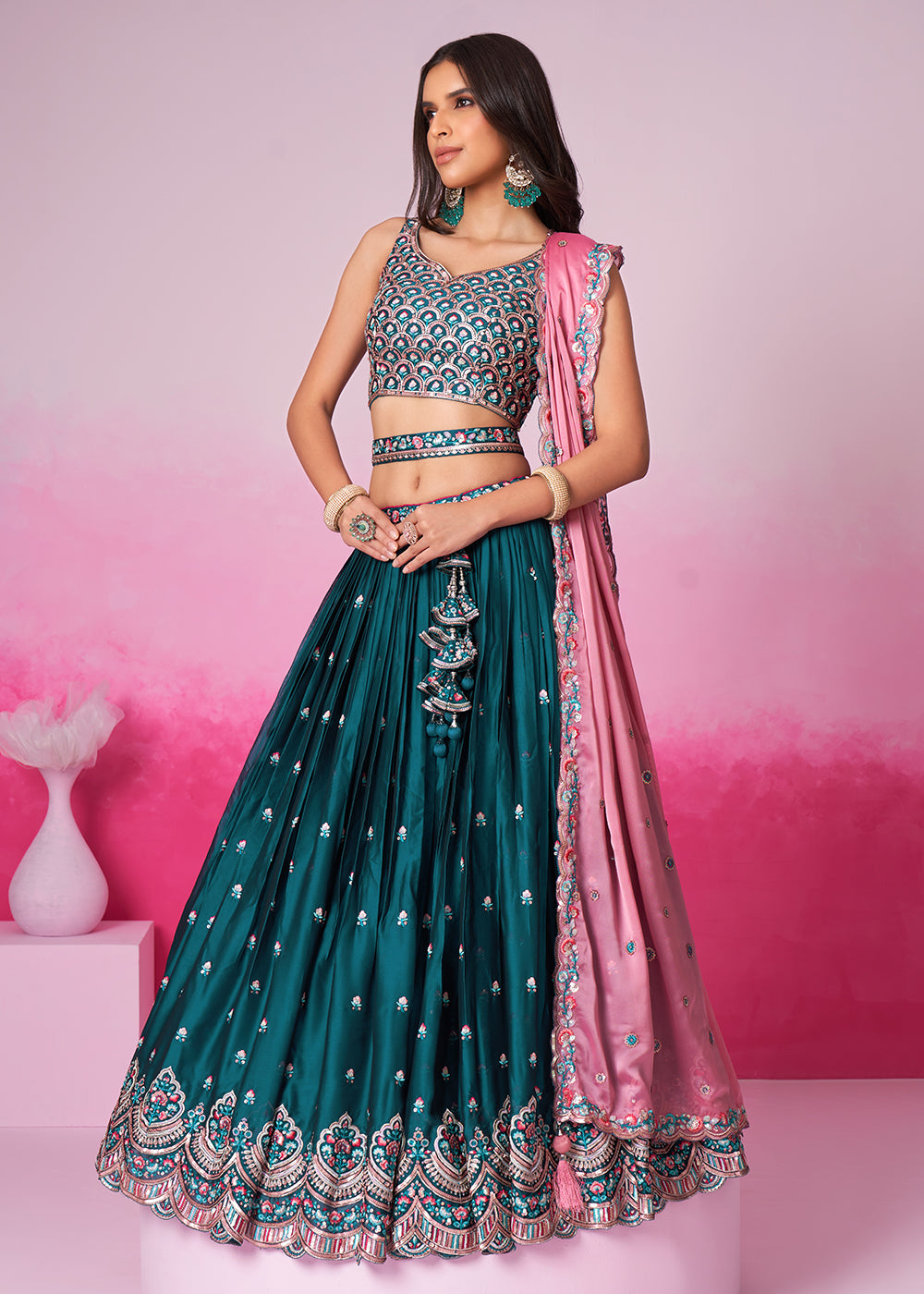 Buy Now Teal Pure Georgette Embroidered Bridesmaids Lehenga Choli Online in USA, UK, Canada & Worldwide at Empress Clothing. 