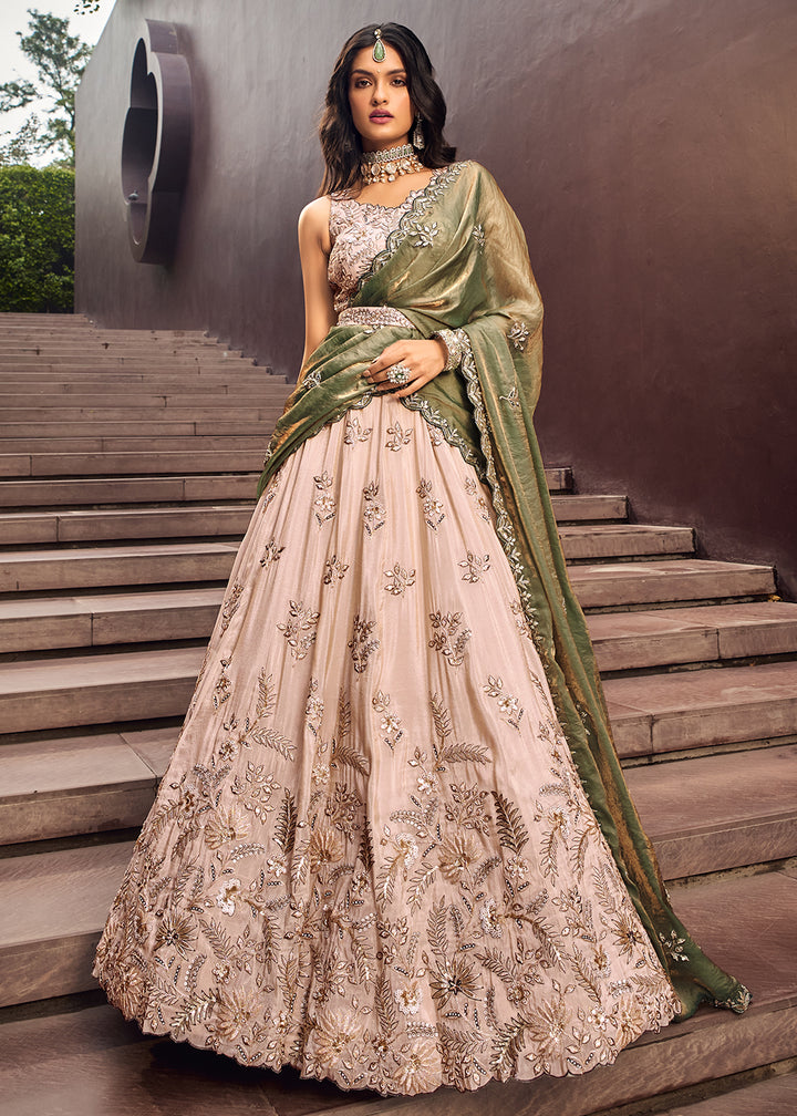 Buy Now Cream Embroidered Viscose Designer Lehenga Choli with Green Dupatta Online in USA, UK, Canada & Worldwide at Empress Clothing.