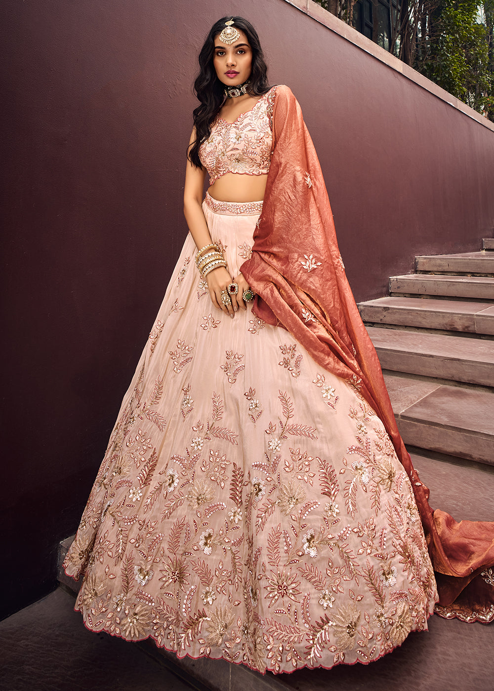 Buy Now Cream Embroidered Viscose Designer Lehenga Choli with Rose Gold Dupatta Online in USA, UK, Canada & Worldwide at Empress Clothing.