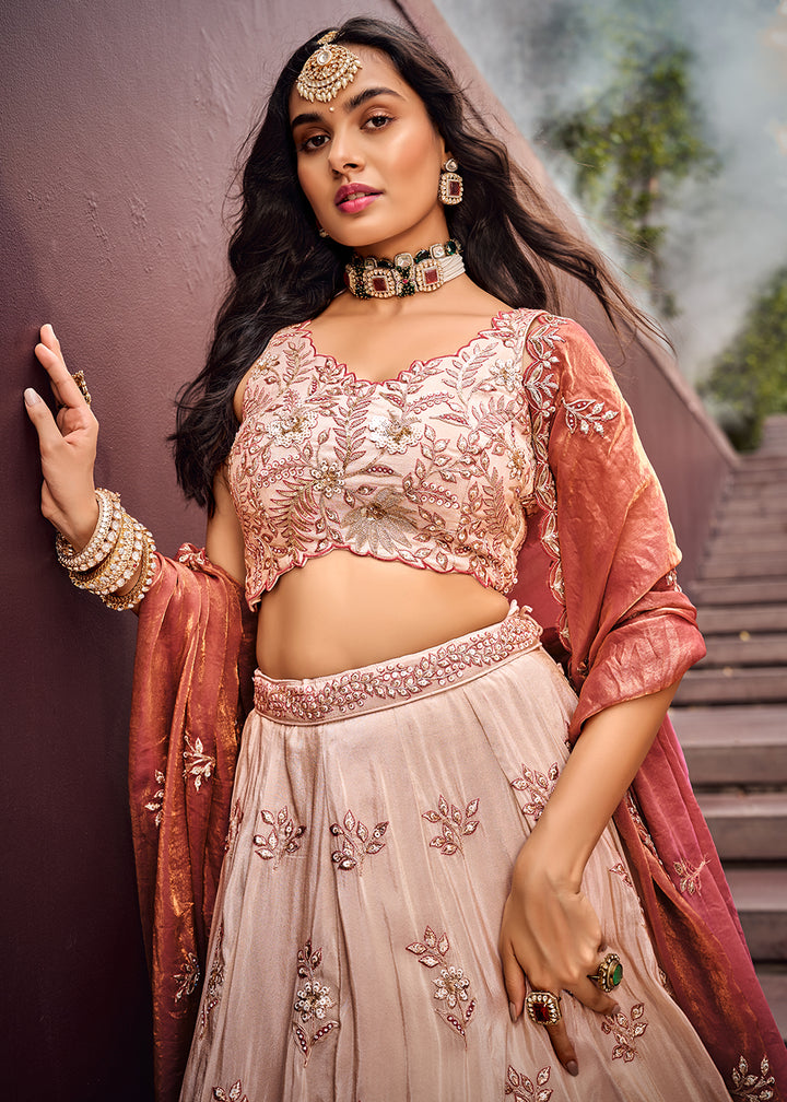 Buy Now Cream Embroidered Viscose Designer Lehenga Choli with Rose Gold Dupatta Online in USA, UK, Canada & Worldwide at Empress Clothing.