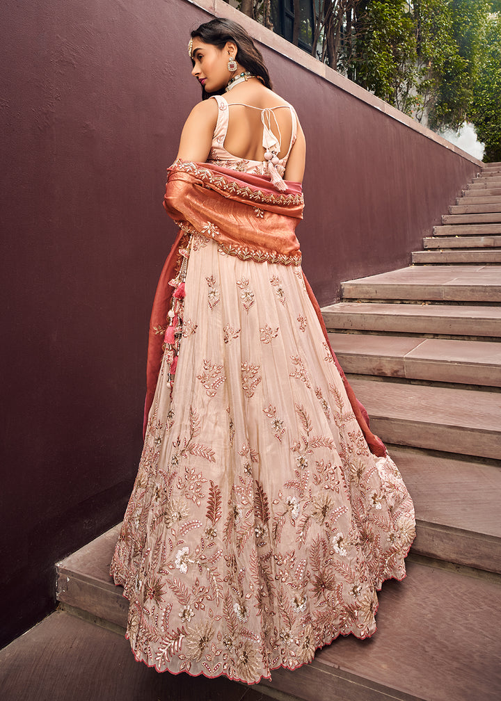 Buy Now Cream Embroidered Viscose Designer Lehenga Choli with Rose Gold Dupatta Online in USA, UK, Canada & Worldwide at Empress Clothing.