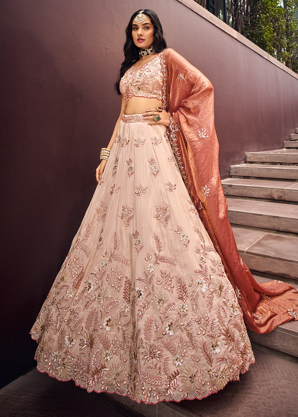 Buy Now Cream Embroidered Viscose Designer Lehenga Choli with Rose Gold Dupatta Online in USA, UK, Canada & Worldwide at Empress Clothing.