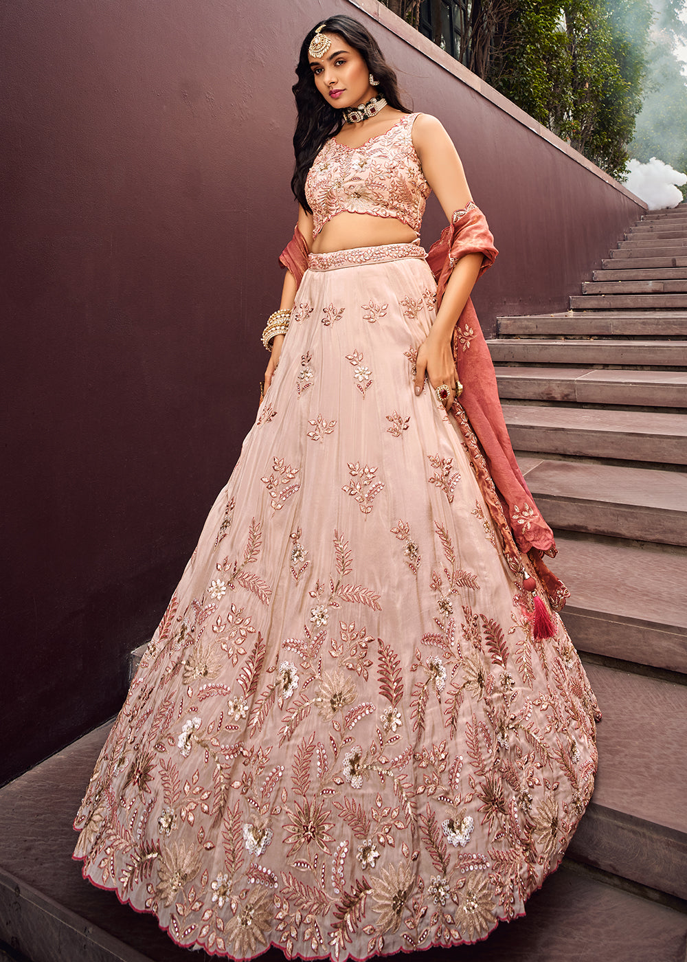 Buy Now Cream Embroidered Viscose Designer Lehenga Choli with Rose Gold Dupatta Online in USA, UK, Canada & Worldwide at Empress Clothing.