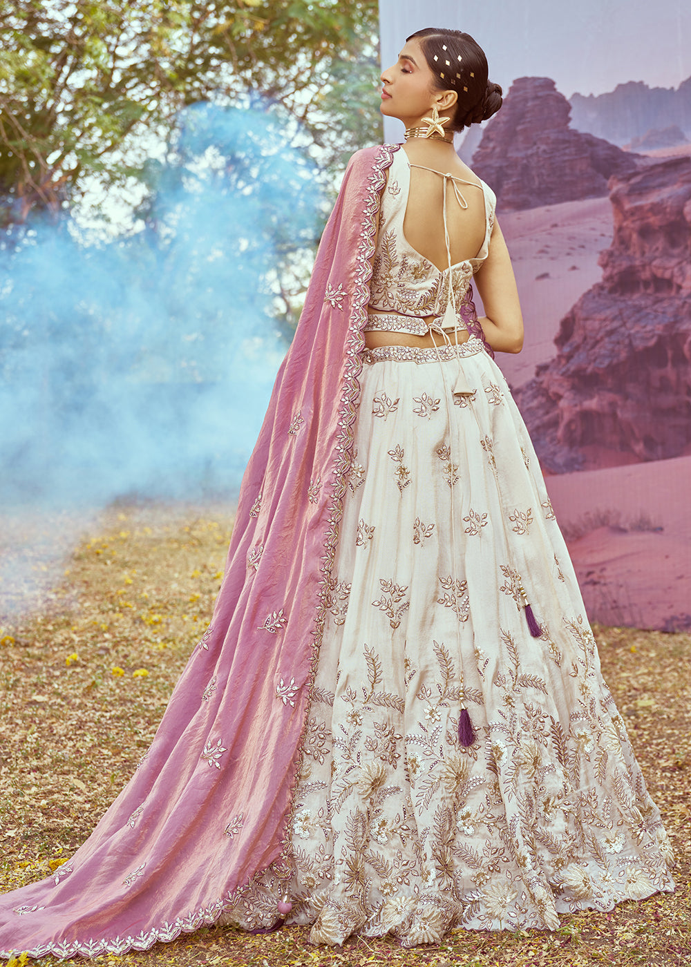 Buy Now Cream & Purple Viscose Embroidered Designer Lehenga Choli Online in USA, UK, Canada, UAE, France, Germany & Worldwide at Empress Clothing. 