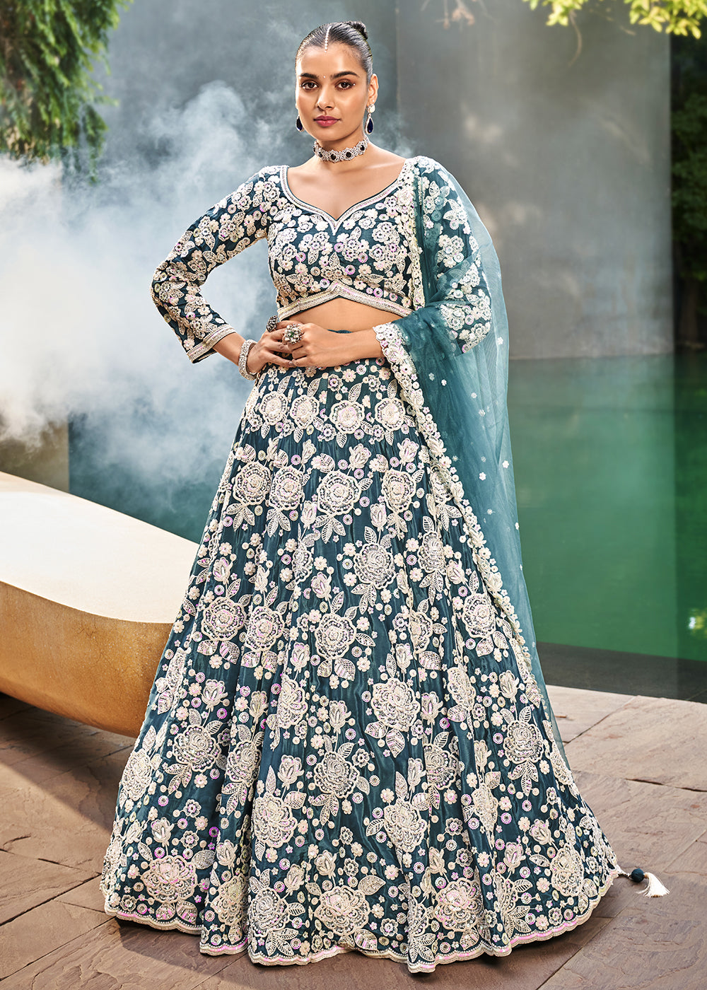 Buy Now Teal Blue Satin Embroidered Premium Quality Lehenga Choli Online in USA, UK, Canada, UAE, France, Germany & Worldwide at Empress Clothing.