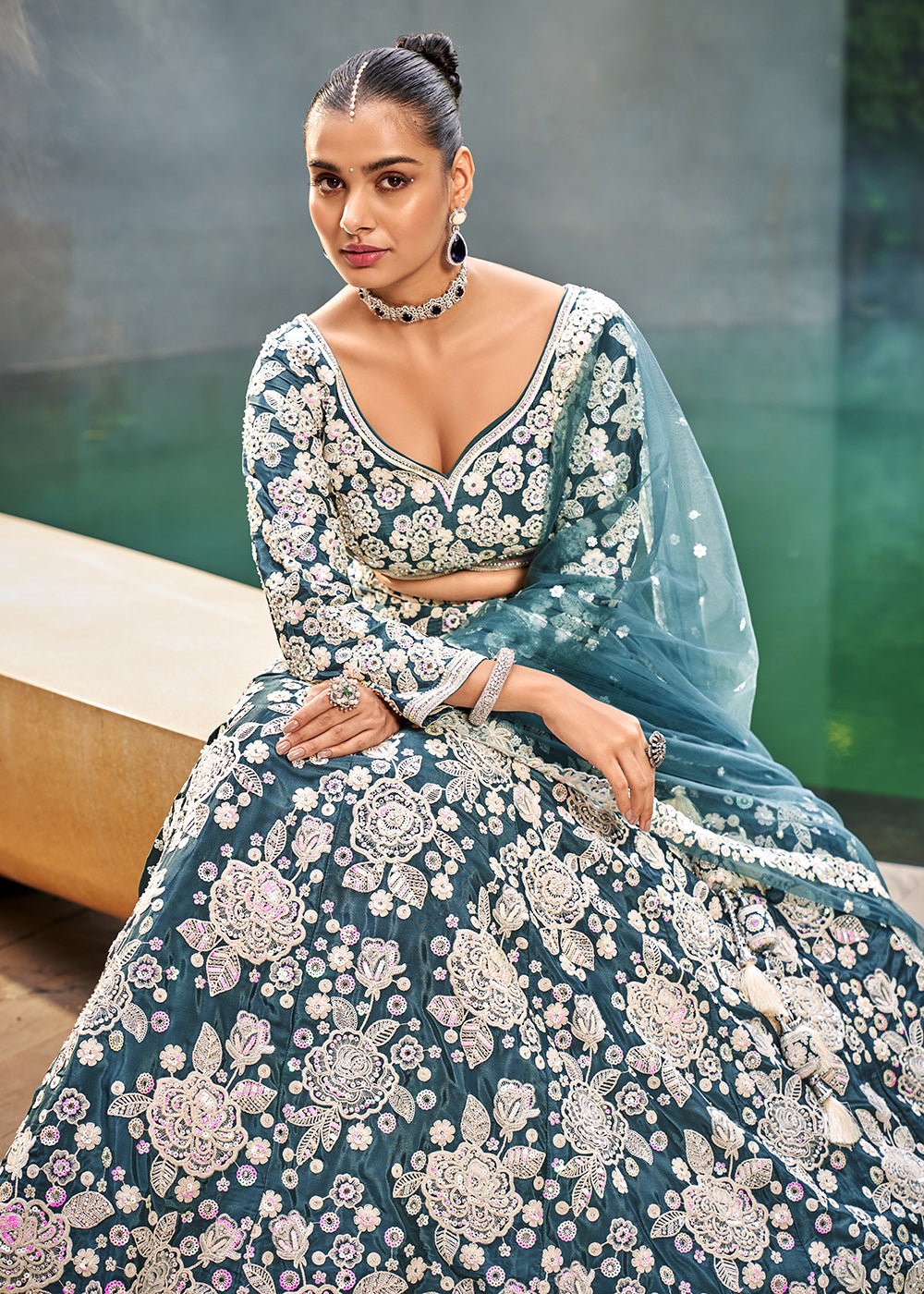 blue indian dress Wedding in Lehenga Gown Dupatta Style CUSTOM SIZES it has a stone tassel on all four sides of the scalloped edges Navy Blue South Indian Dress