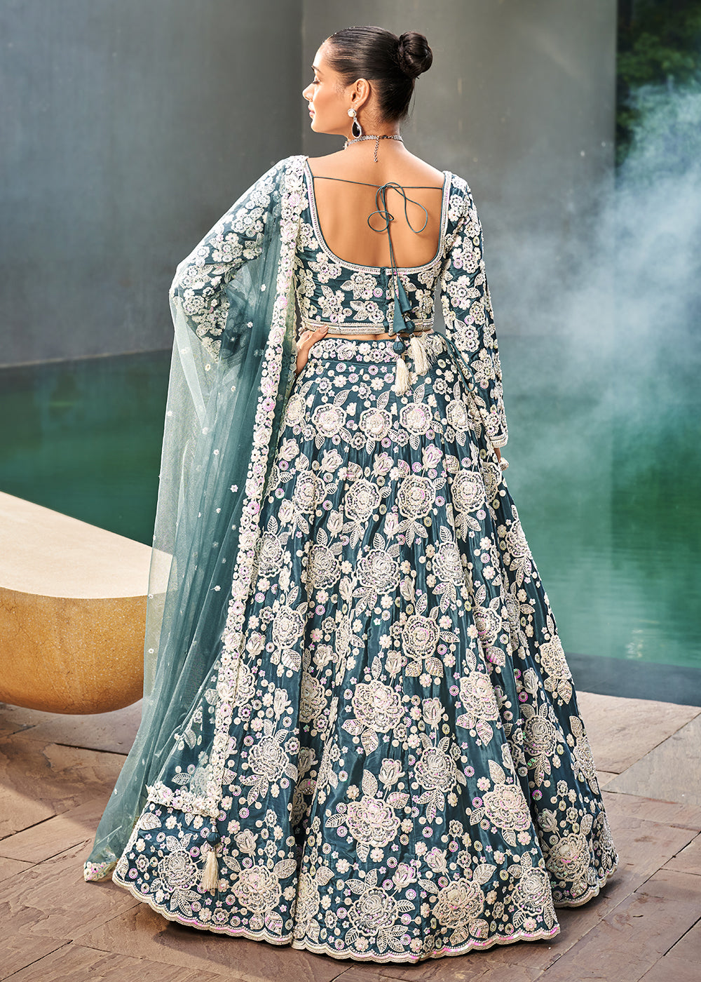 Buy Now Teal Blue Satin Embroidered Premium Quality Lehenga Choli Online in USA, UK, Canada, UAE, France, Germany & Worldwide at Empress Clothing.