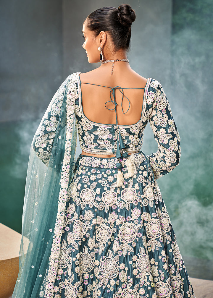 Buy Now Teal Blue Satin Embroidered Premium Quality Lehenga Choli Online in USA, UK, Canada, UAE, France, Germany & Worldwide at Empress Clothing.