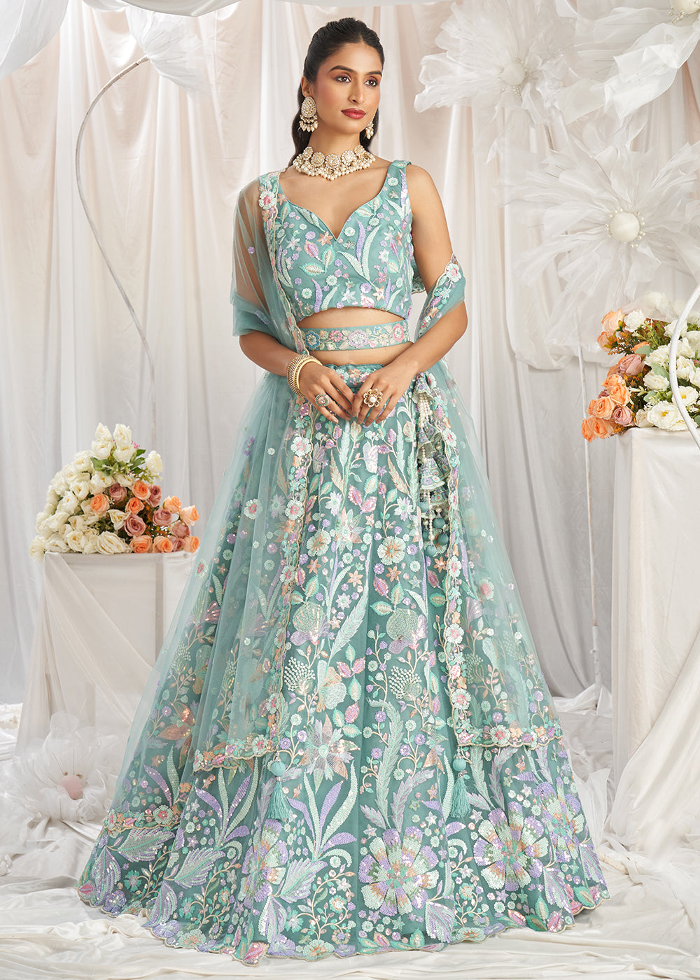 Buy Now Green Net Floral Embroidered Designer Lehenga Choli Online in USA, UK, Canada, UAE, France, Germany & Worldwide at Empress Clothing. 