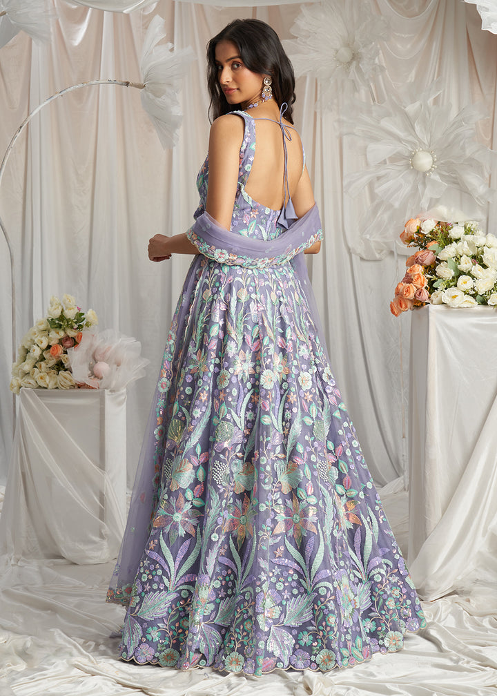 Buy Now Mauve Net Floral Embroidered Designer Lehenga Choli Online in USA, UK, Canada, UAE, France, Germany & Worldwide at Empress Clothing.