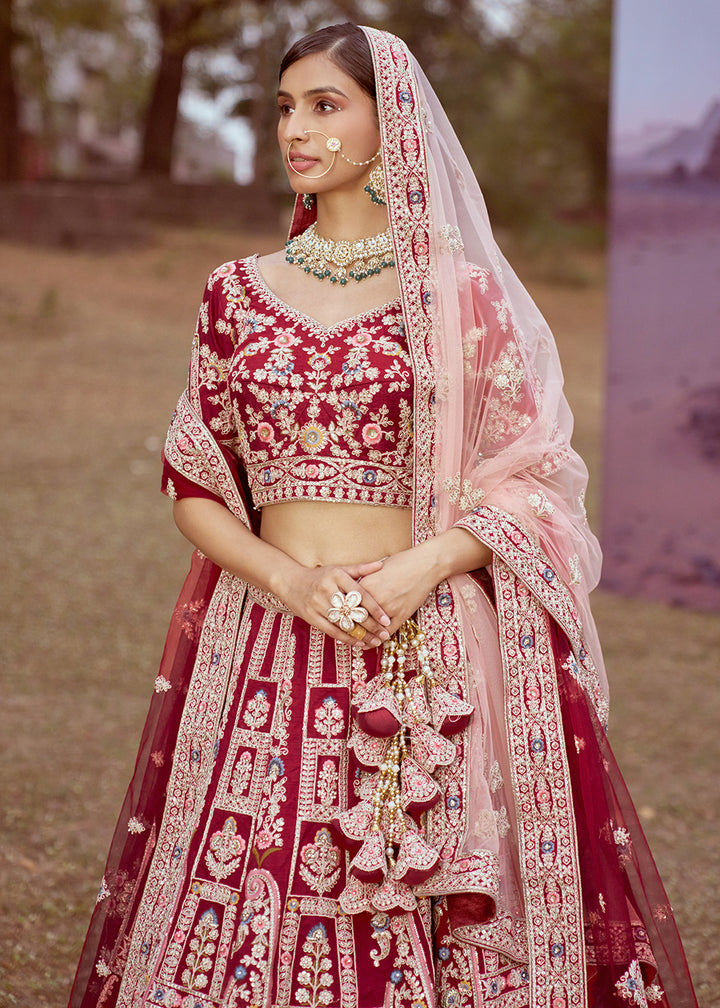 Buy Now Maroon Pure Silk Embroidered Wedding Wear Lehenga Choli Online in USA, UK, Canada, UAE, France, Germany & Worldwide at Empress Clothing. 