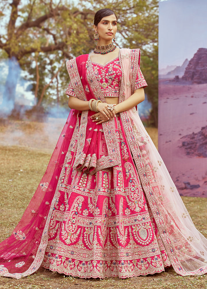 Buy Now Pink Pure Silk Embroidered Wedding Wear Lehenga Choli Online in USA, UK, Canada, UAE, France, Germany & Worldwide at Empress Clothing. 