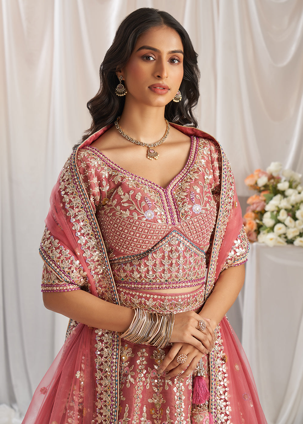 Buy Now Rose Gold Gota Patti Embroidered Bridal Lehenga Choli Online in USA, UK, Canada, UAE, France, Germany & Worldwide at Empress Clothing. 