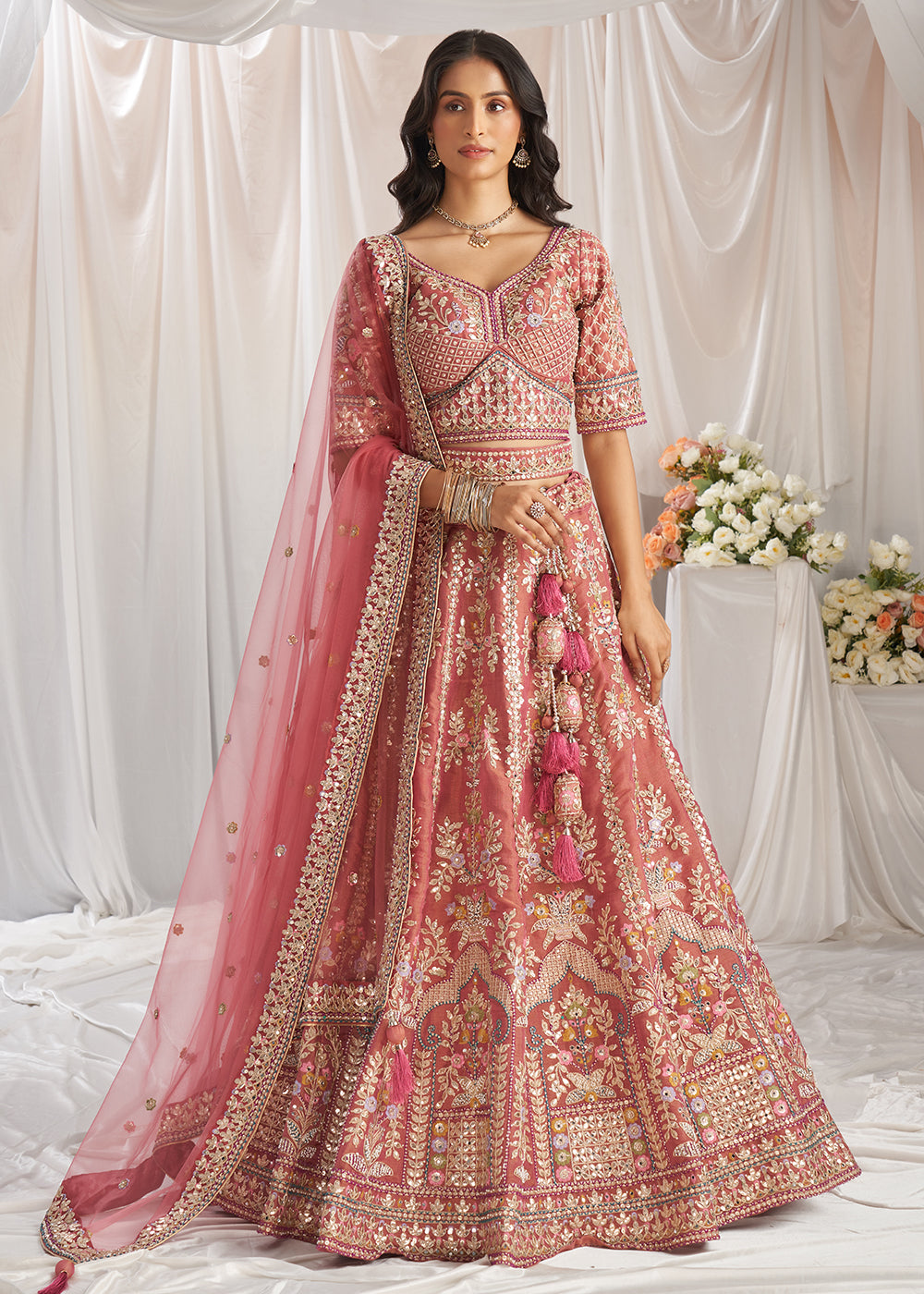 Buy Now Rose Gold Gota Patti Embroidered Bridal Lehenga Choli Online in USA, UK, Canada, UAE, France, Germany & Worldwide at Empress Clothing. 