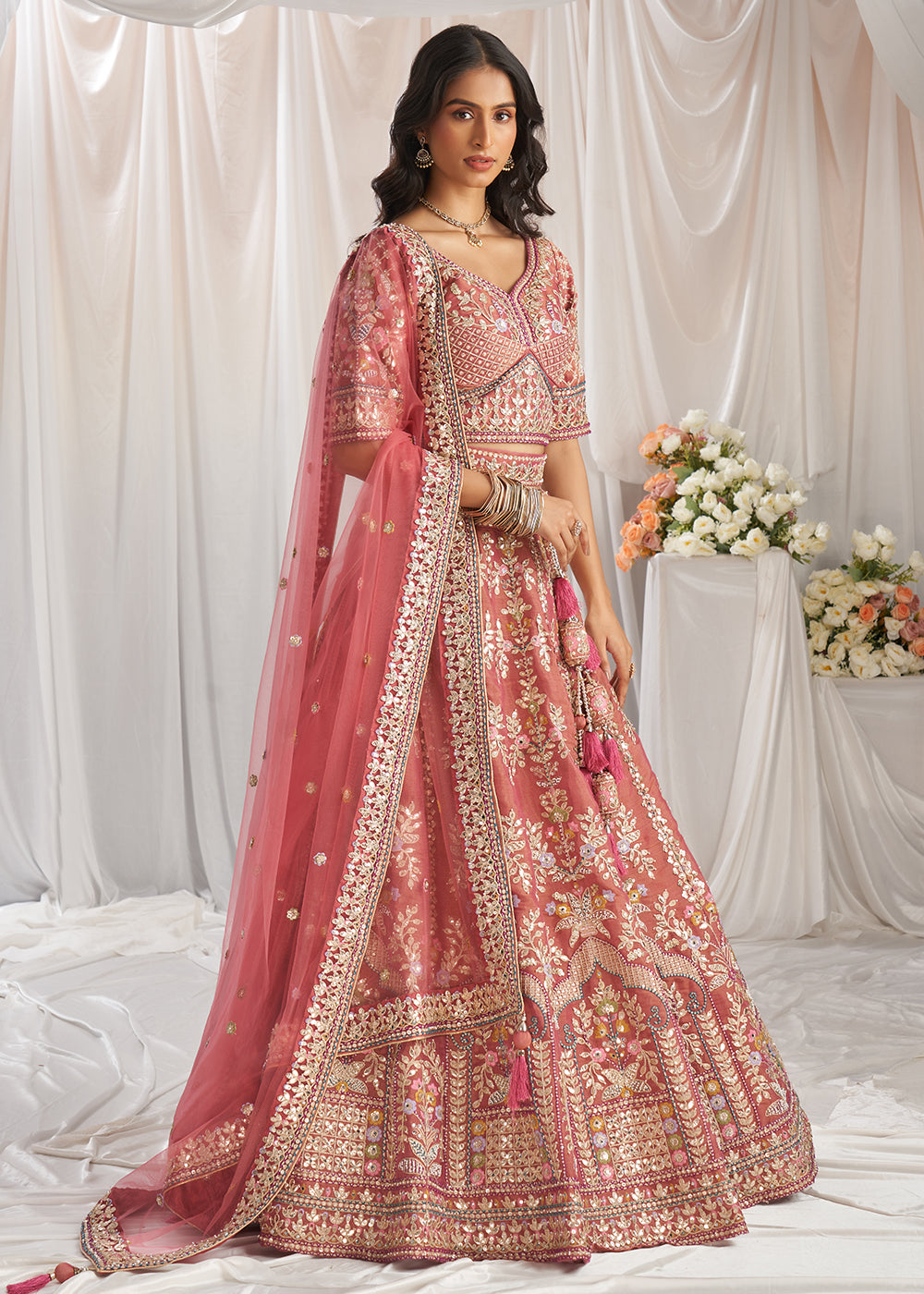 Buy Now Rose Gold Gota Patti Embroidered Bridal Lehenga Choli Online in USA, UK, Canada, UAE, France, Germany & Worldwide at Empress Clothing. 