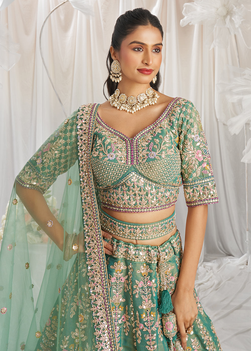 Buy Now Sea Green Gota Patti Embroidered Bridal Lehenga Choli Online in USA, UK, Canada, UAE, France, Germany & Worldwide at Empress Clothing.