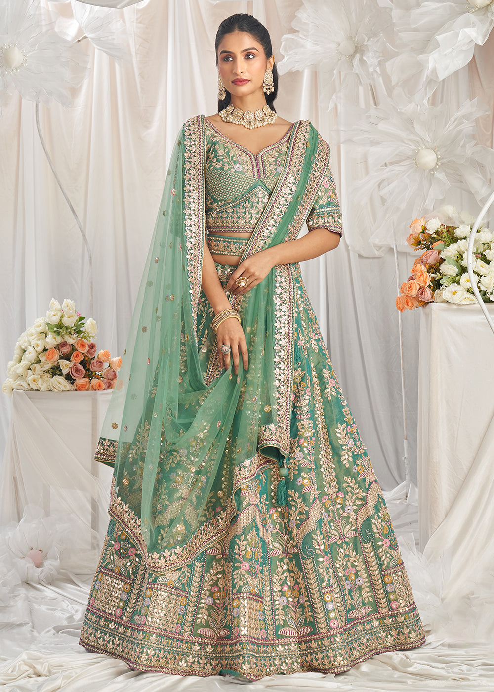 Buy Now Sea Green Gota Patti Embroidered Bridal Lehenga Choli Online in USA, UK, Canada, UAE, France, Germany & Worldwide at Empress Clothing.