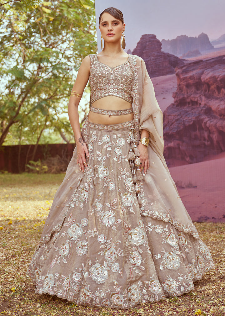 Buy Now Beige Organza Multi Sequins Designer Lehenga Choli Online in USA, UK, Canada, UAE, France, Germany & Worldwide at Empress Clothing. 