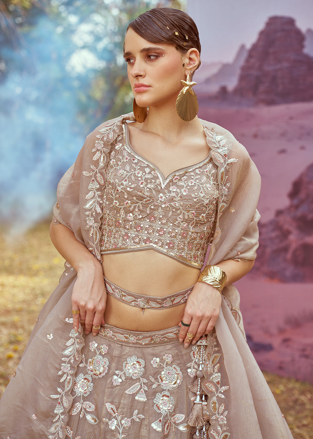 Buy Now Beige Organza Multi Sequins Designer Lehenga Choli Online in USA, UK, Canada, UAE, France, Germany & Worldwide at Empress Clothing. 