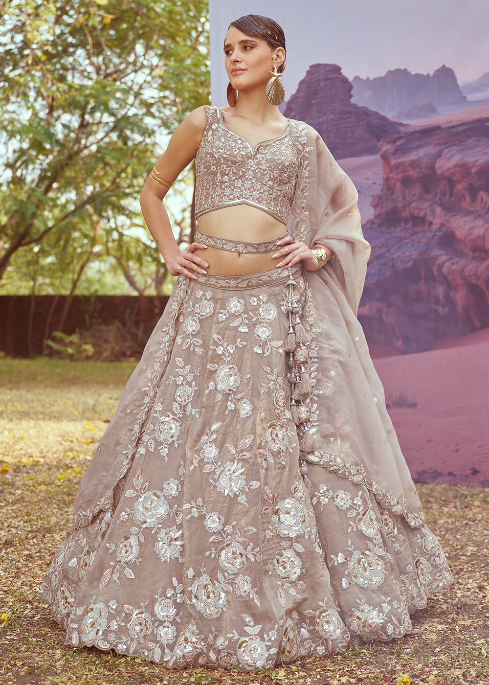 Buy Now Beige Organza Multi Sequins Designer Lehenga Choli Online in USA, UK, Canada, UAE, France, Germany & Worldwide at Empress Clothing. 