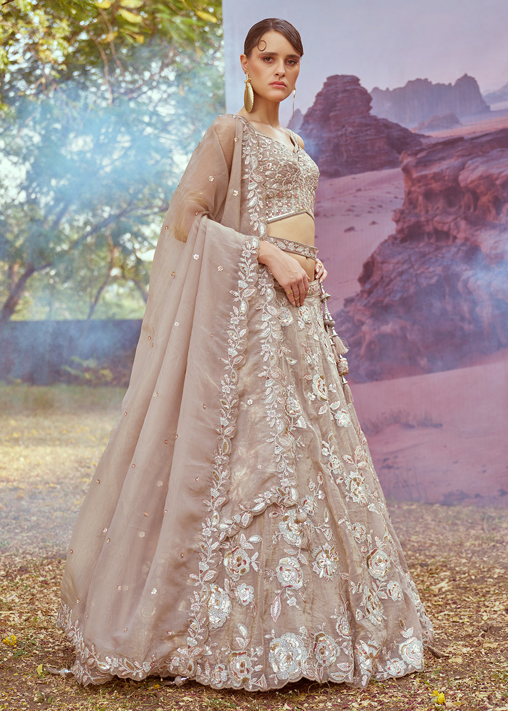 Buy Now Beige Organza Multi Sequins Designer Lehenga Choli Online in USA, UK, Canada, UAE, France, Germany & Worldwide at Empress Clothing. 