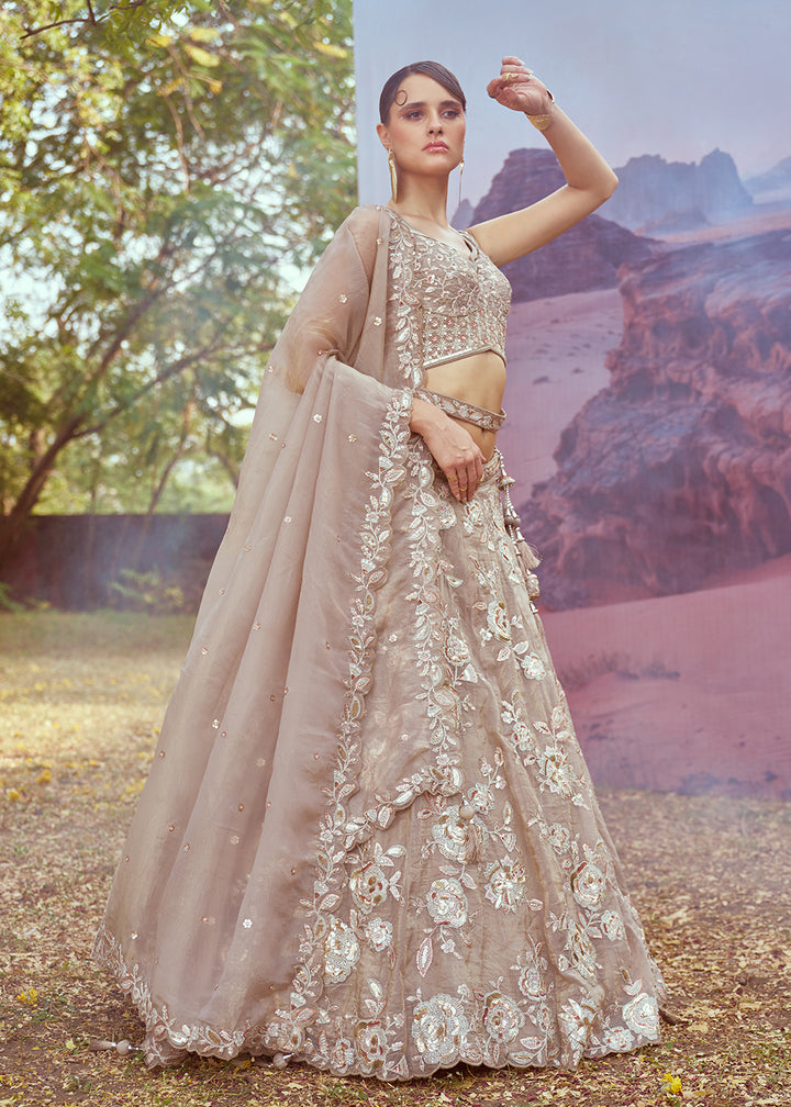 Buy Now Beige Organza Multi Sequins Designer Lehenga Choli Online in USA, UK, Canada, UAE, France, Germany & Worldwide at Empress Clothing. 