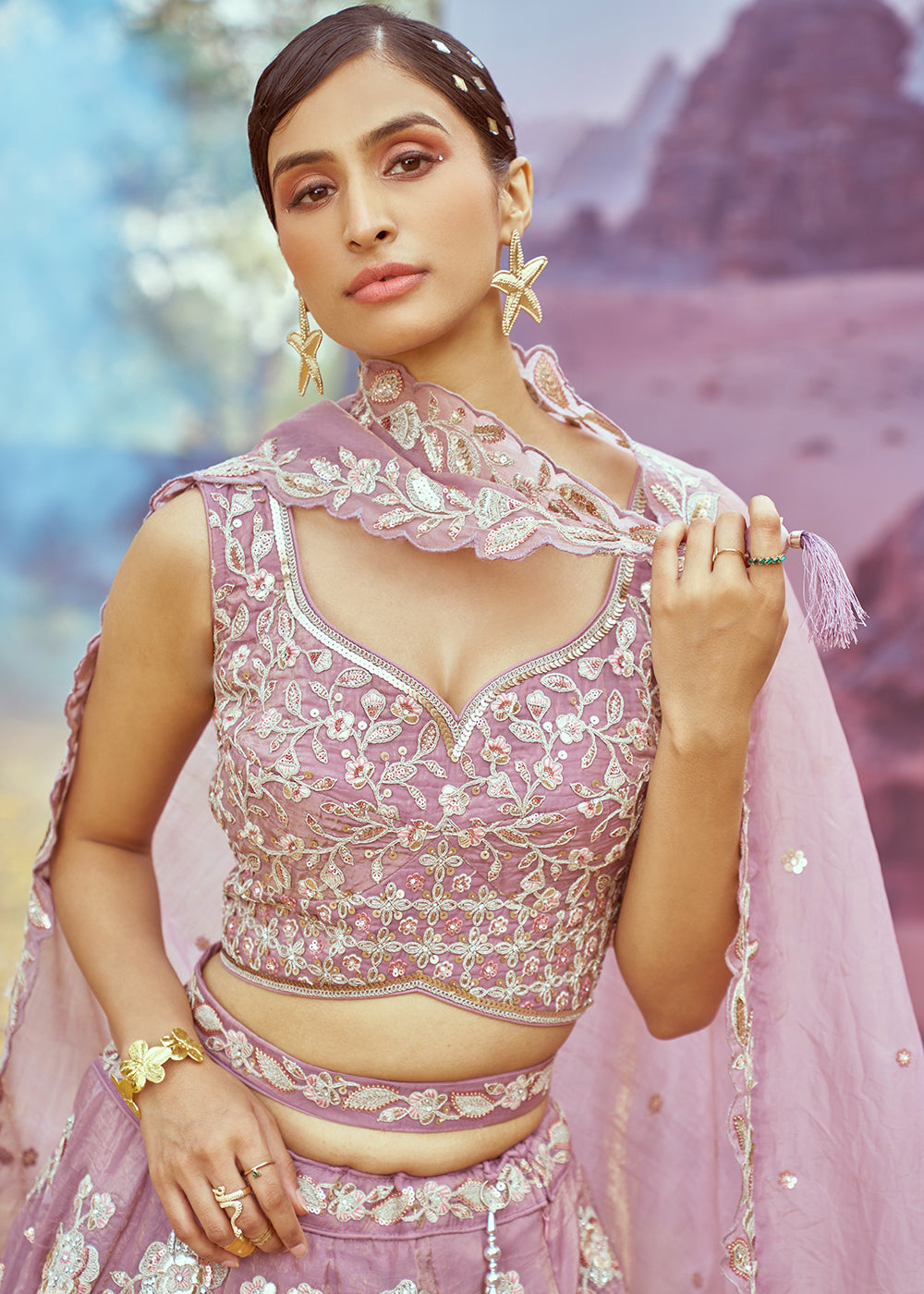 Buy Now Lavender Organza Multi Sequins Designer Lehenga Choli Online in USA, UK, Canada, UAE, France, Germany & Worldwide at Empress Clothing.