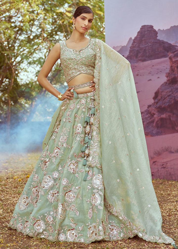 Buy Now Lime Green Organza Multi Sequins Designer Lehenga Choli Online in USA, UK, Canada, UAE, France, Germany & Worldwide at Empress Clothing. 