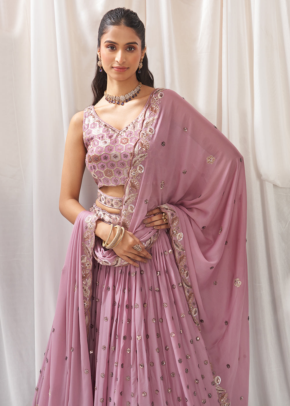 Buy Now Lavender Georgette Cording Threads Embroidered Lehenga Choli Online in USA, UK, Canada, UAE, France, Germany & Worldwide at Empress Clothing.