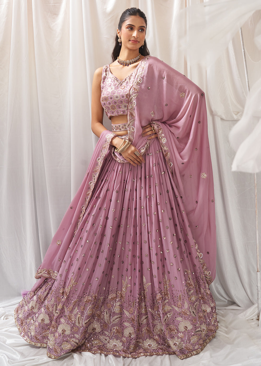 Buy Now Lavender Georgette Cording Threads Embroidered Lehenga Choli Online in USA, UK, Canada, UAE, France, Germany & Worldwide at Empress Clothing.