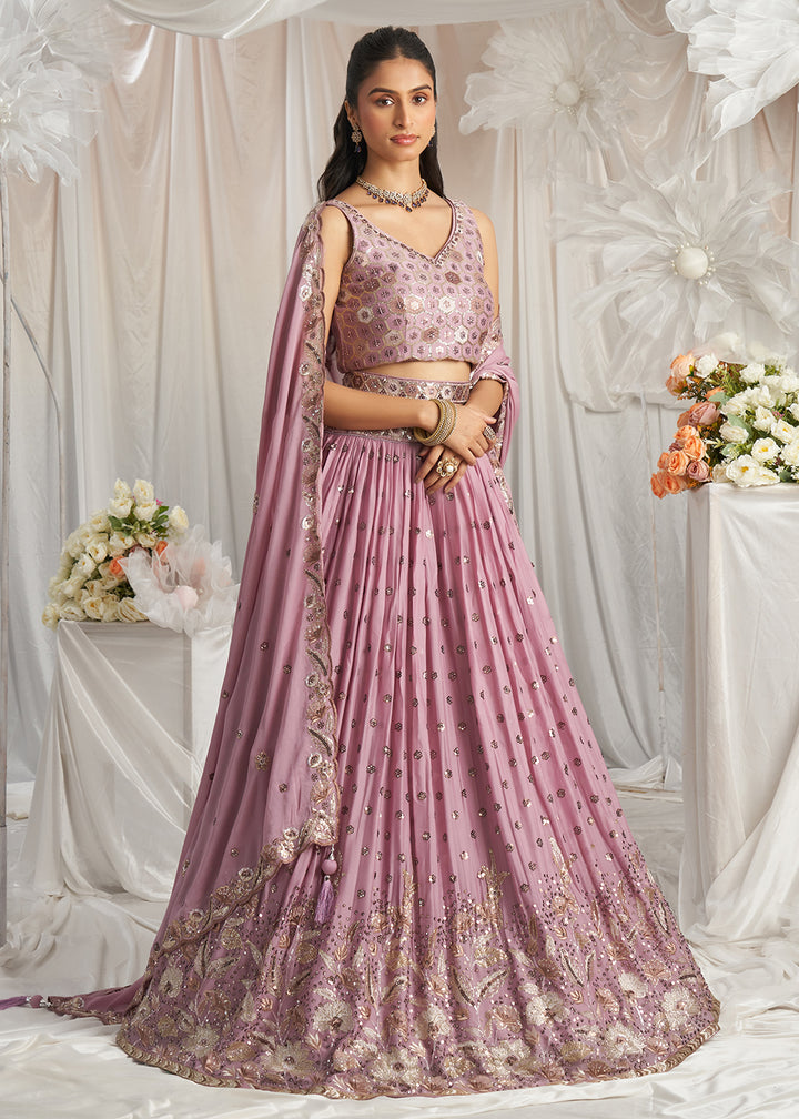 Buy Now Lavender Georgette Cording Threads Embroidered Lehenga Choli Online in USA, UK, Canada, UAE, France, Germany & Worldwide at Empress Clothing.