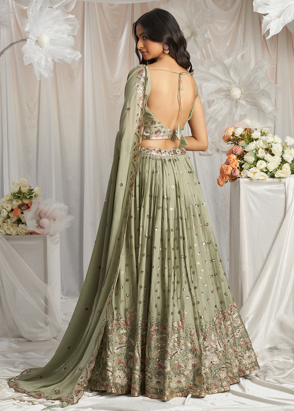 Buy Now Green Georgette Cording Threads Embroidered Lehenga Choli Online in USA, UK, Canada, UAE, France, Germany & Worldwide at Empress Clothing.