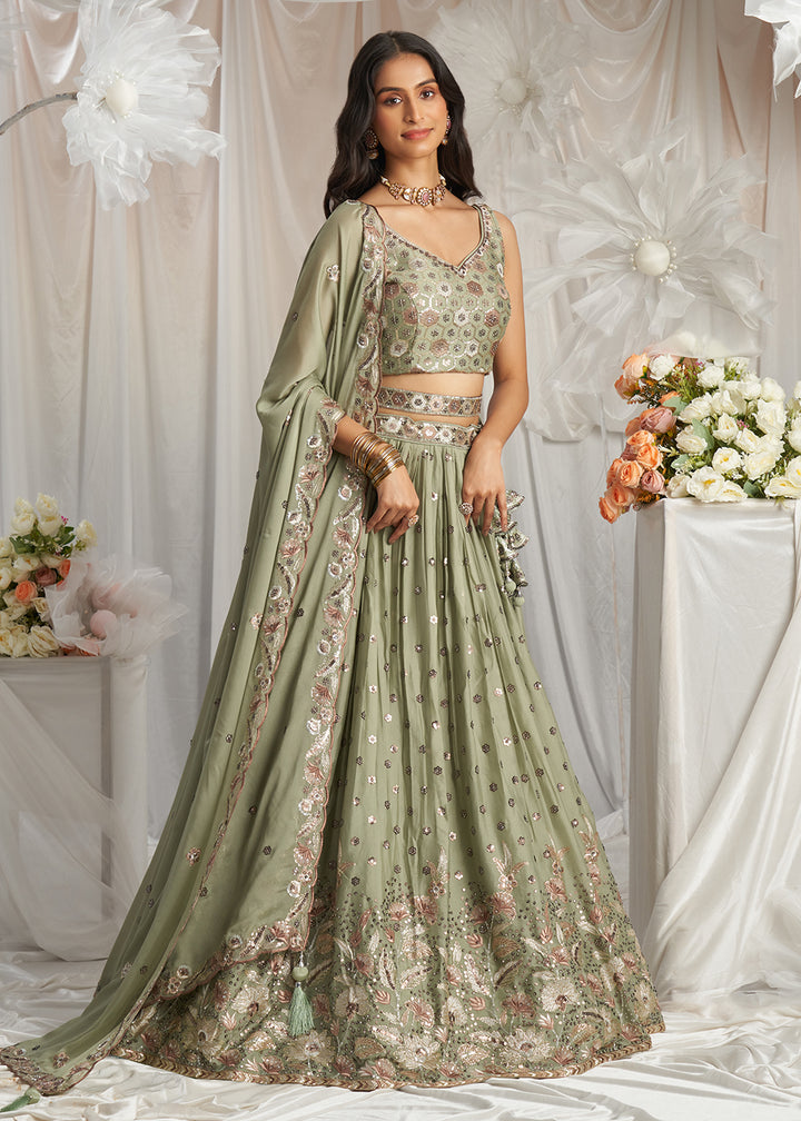 Buy Now Green Georgette Cording Threads Embroidered Lehenga Choli Online in USA, UK, Canada, UAE, France, Germany & Worldwide at Empress Clothing.