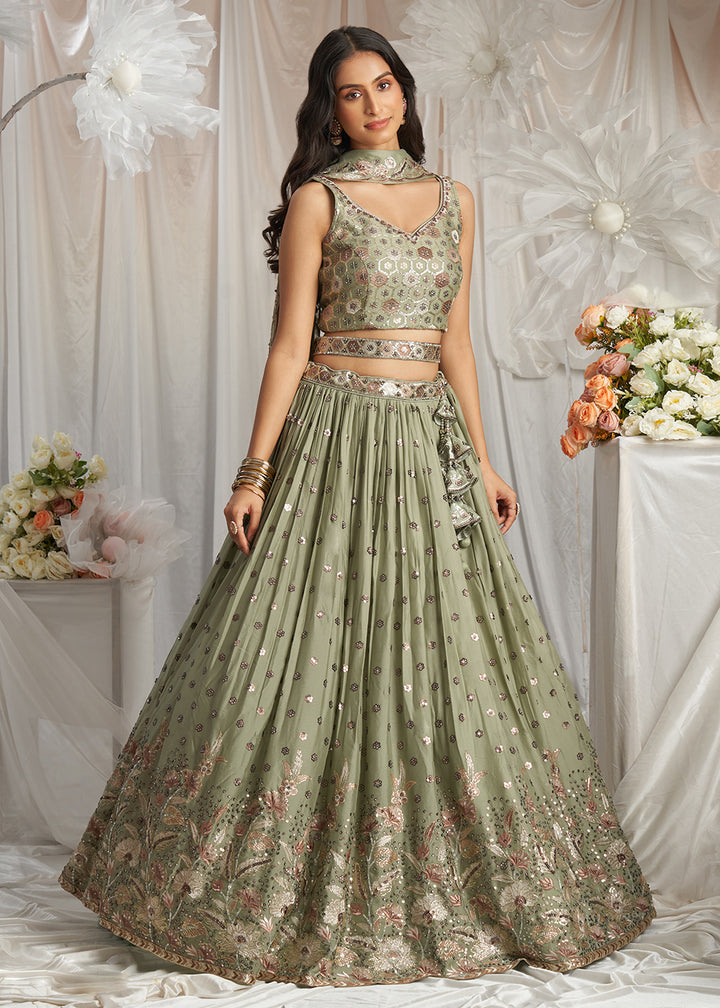 Buy Now Green Georgette Cording Threads Embroidered Lehenga Choli Online in USA, UK, Canada, UAE, France, Germany & Worldwide at Empress Clothing.