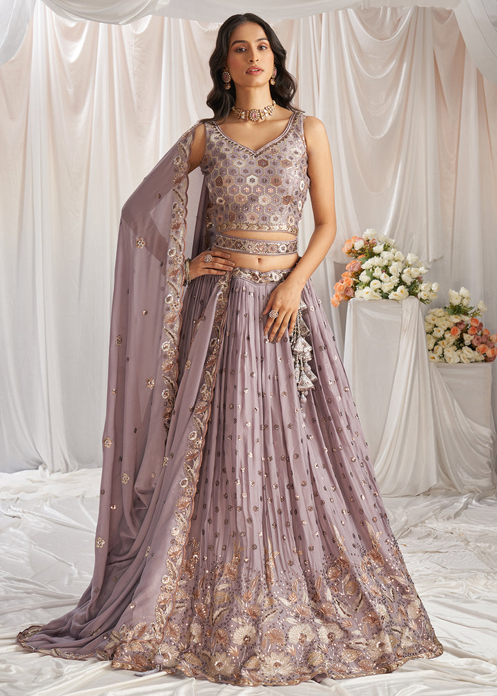 Buy Now Mauve Georgette Cording Threads Embroidered Lehenga Choli Online in USA, UK, Canada, UAE, France, Germany & Worldwide at Empress Clothing. 