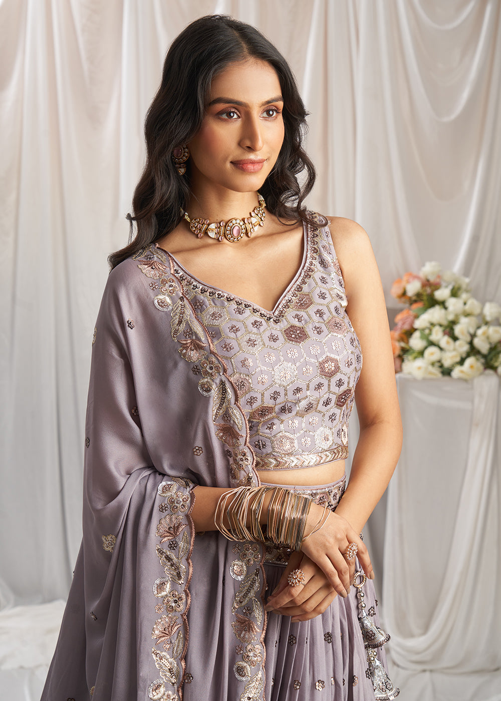 Buy Now Mauve Georgette Cording Threads Embroidered Lehenga Choli Online in USA, UK, Canada, UAE, France, Germany & Worldwide at Empress Clothing. 