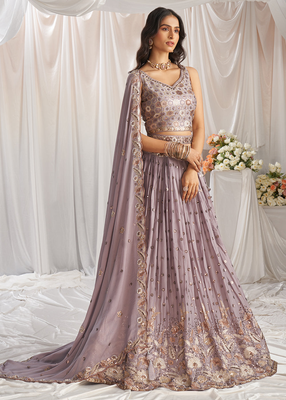 Buy Now Mauve Georgette Cording Threads Embroidered Lehenga Choli Online in USA, UK, Canada, UAE, France, Germany & Worldwide at Empress Clothing. 