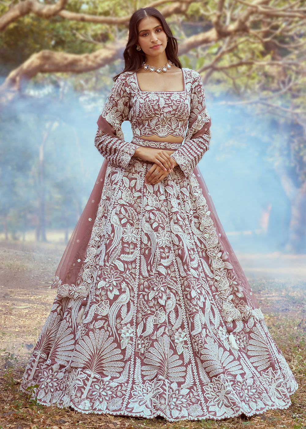 Buy Now Rose Gold Satin Sequins Embroidered Designer Lehenga Choli Online in USA, UK, Canada, UAE, France, Germany & Worldwide at Empress Clothing.