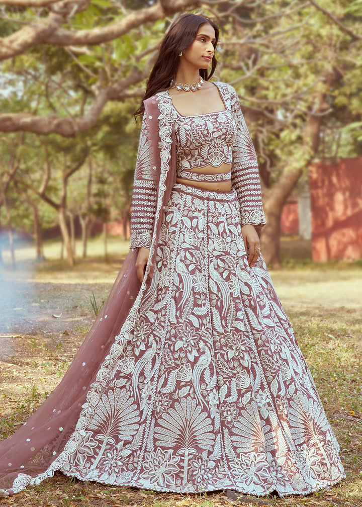 Buy Now Rose Gold Satin Sequins Embroidered Designer Lehenga Choli Online in USA, UK, Canada, UAE, France, Germany & Worldwide at Empress Clothing.